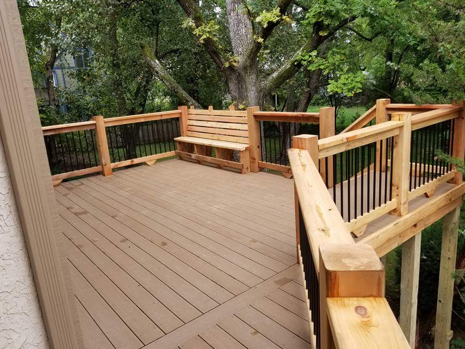 Close-up of a Sunshine deck showing built-in bench seating and clean board work